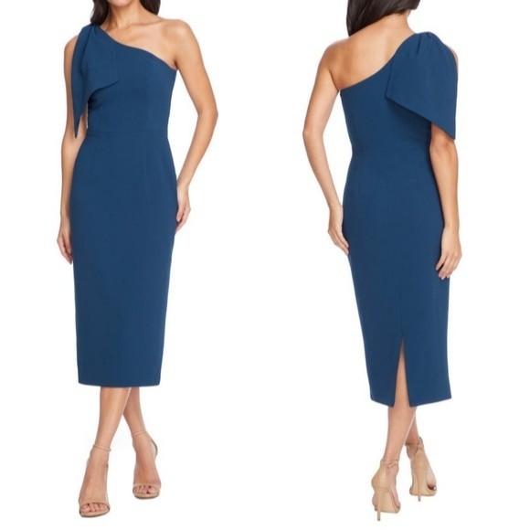 Dress the Population Tiffany One Shoulder Midi Sheath Dress Peacock Blue XXS NWT - Picture 1 of 9